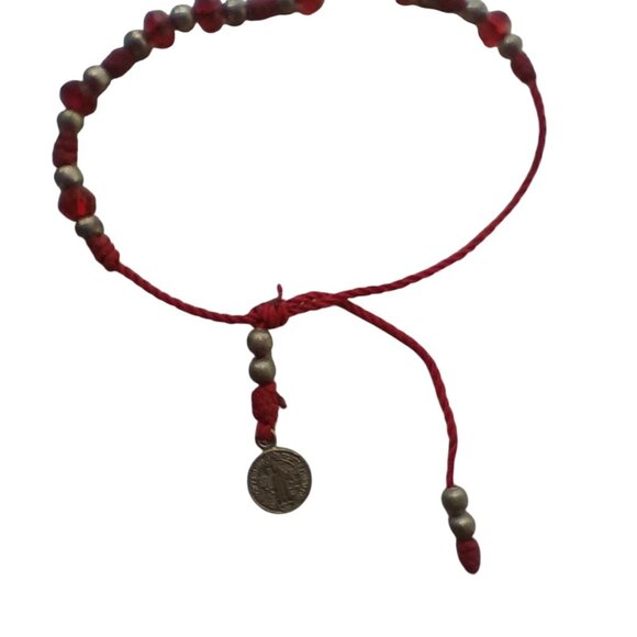 Vintage Catholic Bracelet Handmade Red Cord Saint Benedict Medal & Beads - Picture 2 of 5